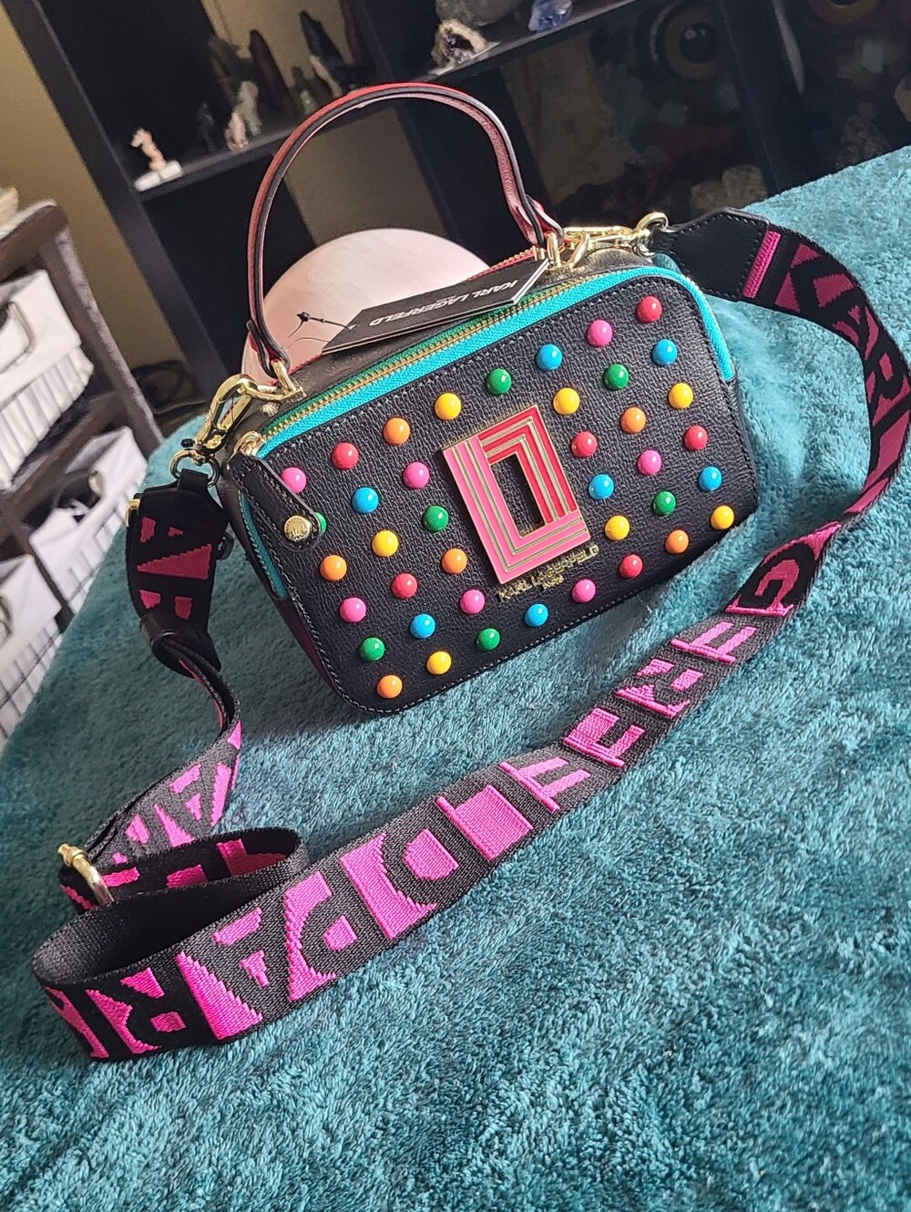 Karl Lagerfeld Black Crossbody Camera Bag with Multicolor Studs and Pink Strap